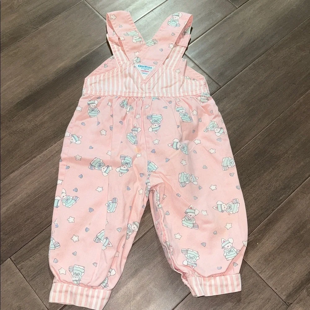 Vintage Osh Kosh B’gosh Pale Pink Bunny Pattern youth overalls SZ 24M
